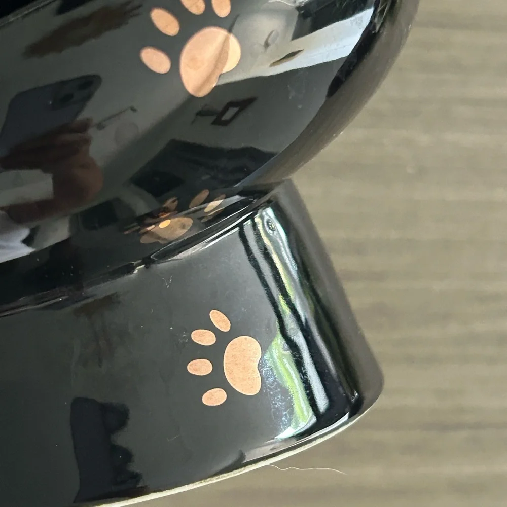Raised Tilted Ceramic Cat Food Water Bowl 1 Black & w/ Gold Paw Prints